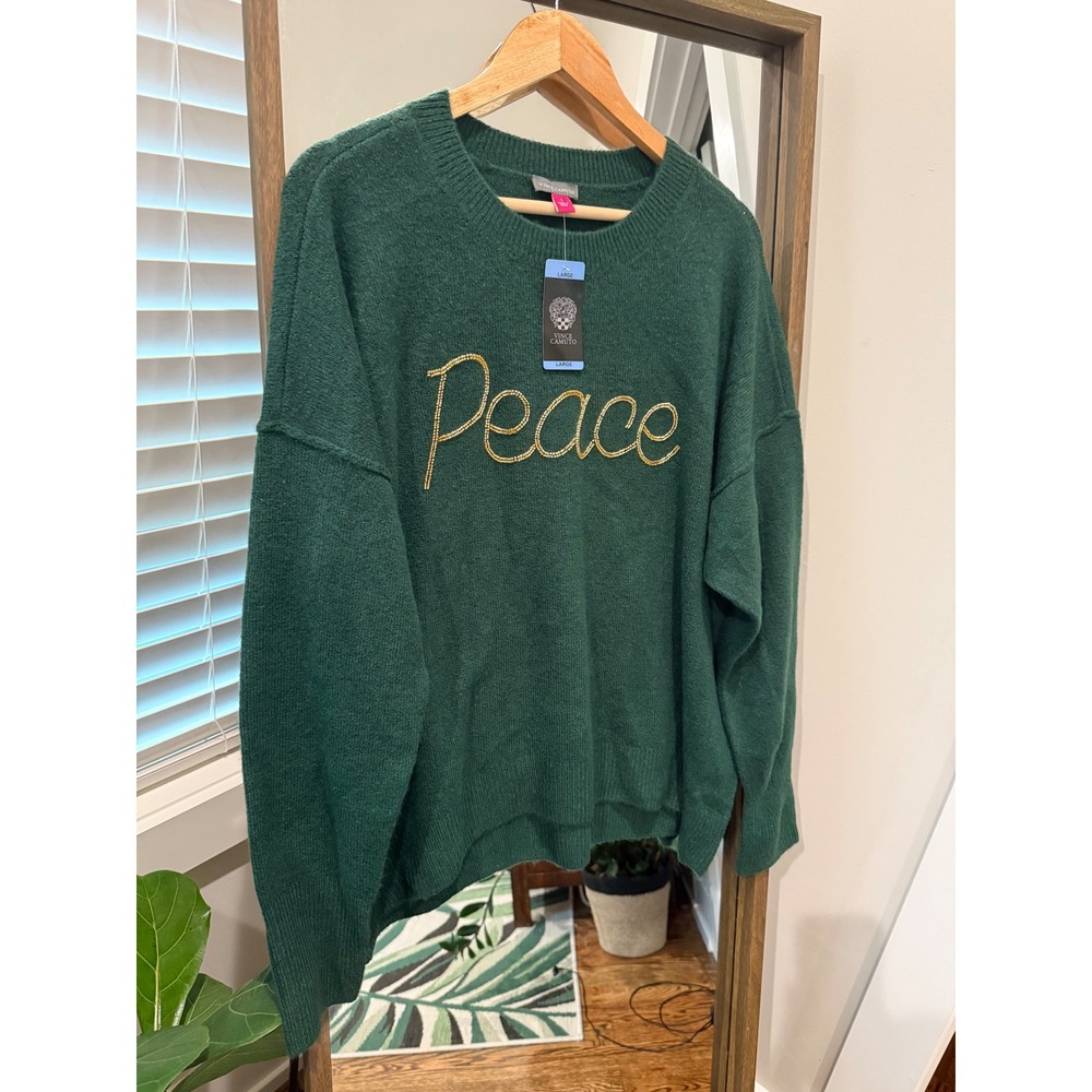 New Vince Camuto Peace Sweater Gold Beads Holiday Crew Neck‎ Green Size Large